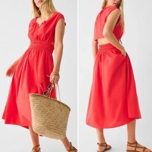 Deep Coral Smocked-Waist Peekaboo Back Midi Dress - 100% Organic Cotton